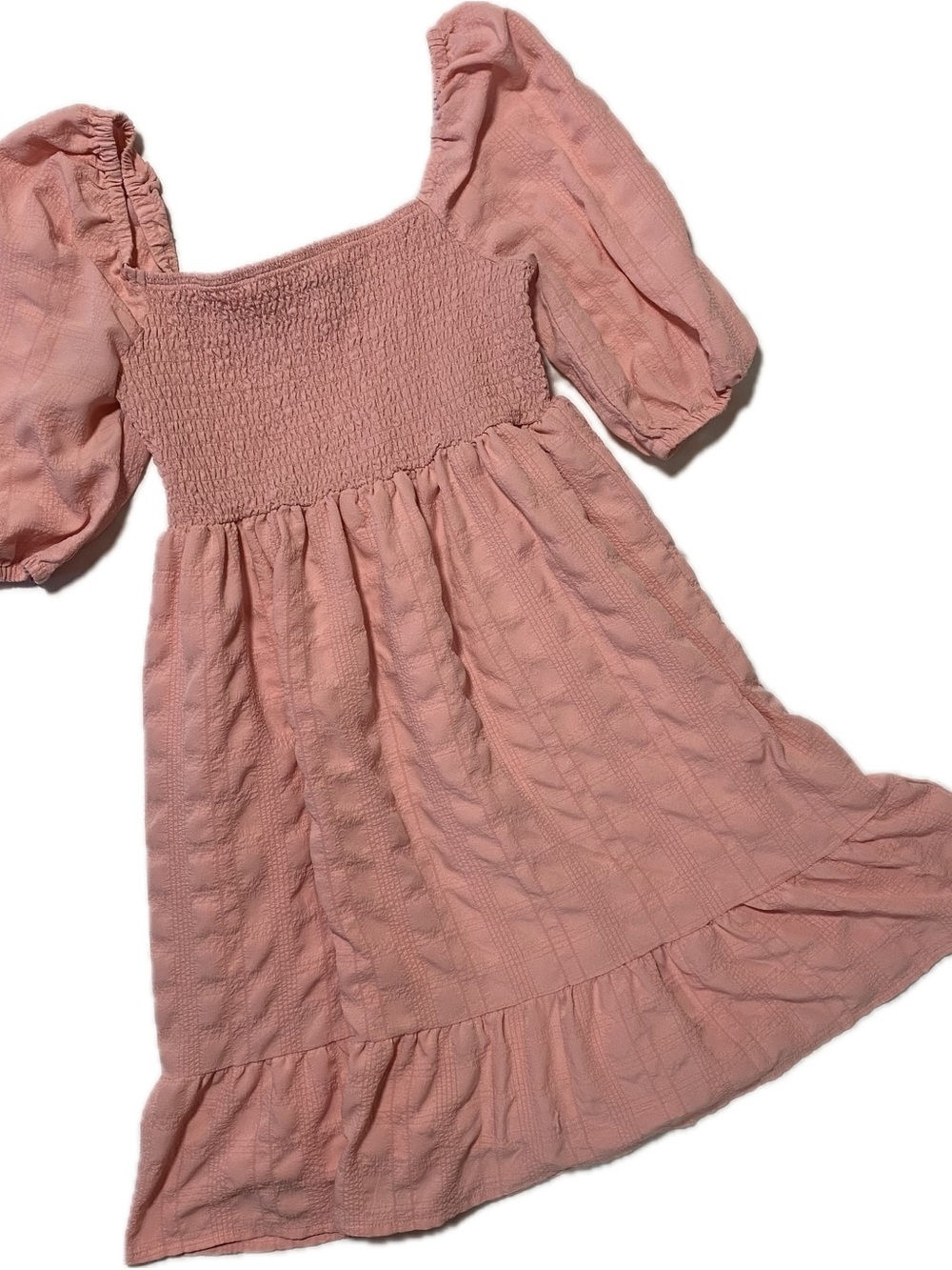 BCBGeneration Blush Pink Smocked Midi Dress with Puff Sleeves